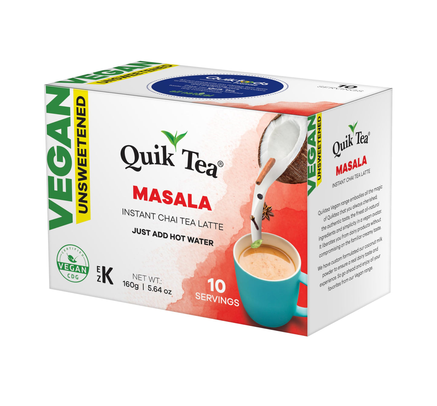 QuikTea Vegan Unsweetened Masala Instant Chai Tea Latte - 10 Count Single Box - Indian Tea