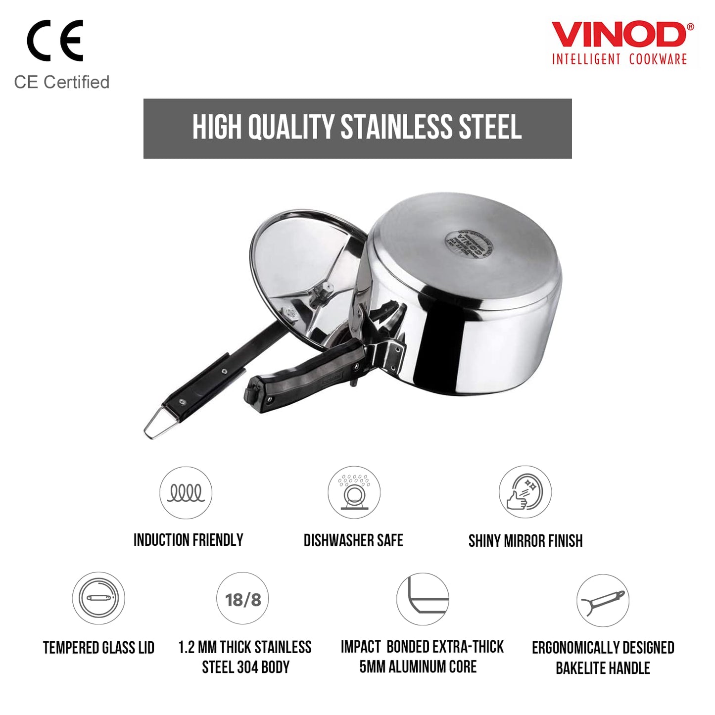 Vinod Pressure Cooker Stainless Steel Inner Lid - 3 Liter Sandwich Bottom Indian Pressure Cooker Induction Friendly Cooker Best Used For Indian Cooking, Soups, and Rice Recipes, Quinoa