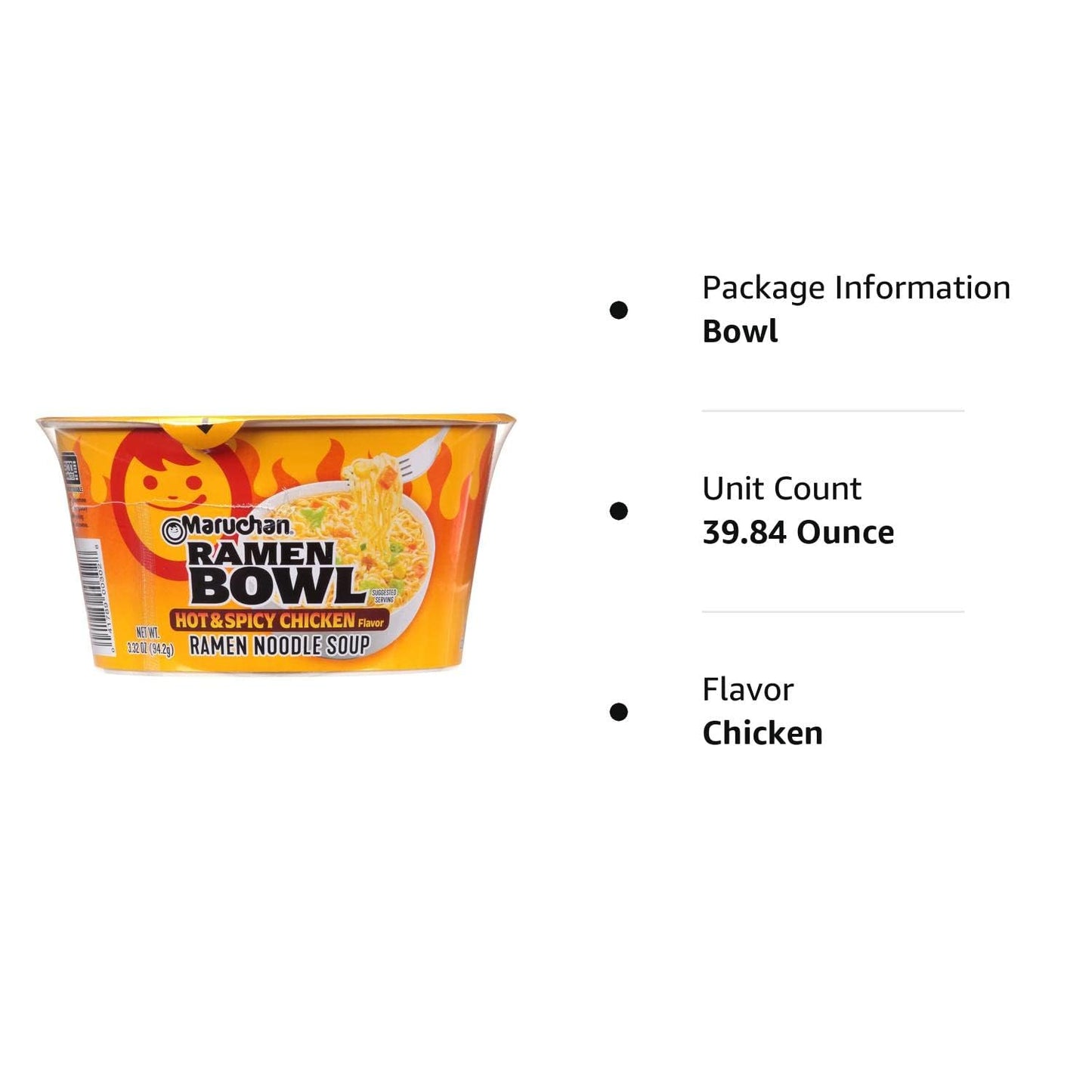 Maruchan Bowl Hot & Spicy Chicken Flavor Ramen Noodles with Vegetables 3.32 OZ (Pack of 12)