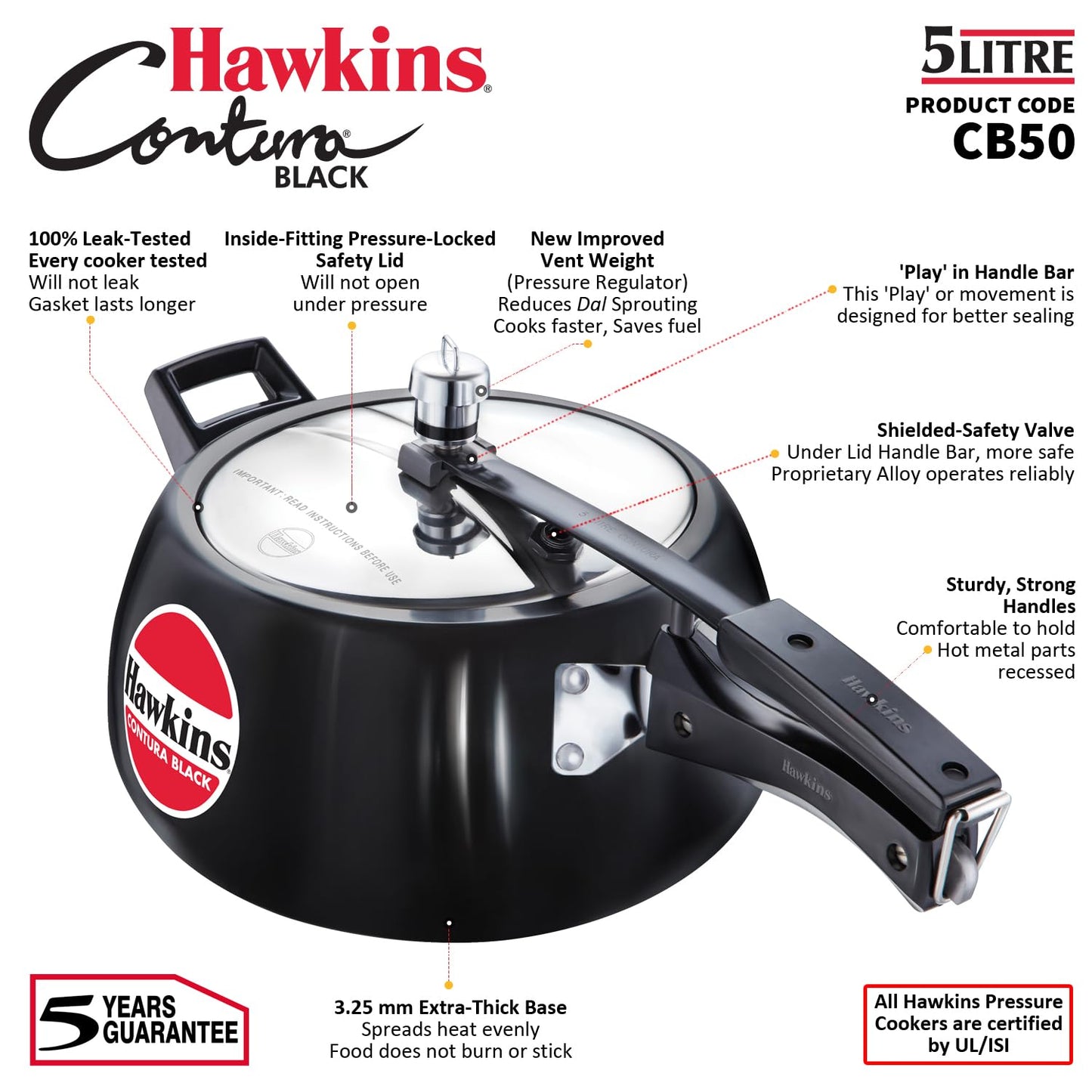 Hawkins CB50 Hard Anodised Pressure Cooker, 5-Liter,Black