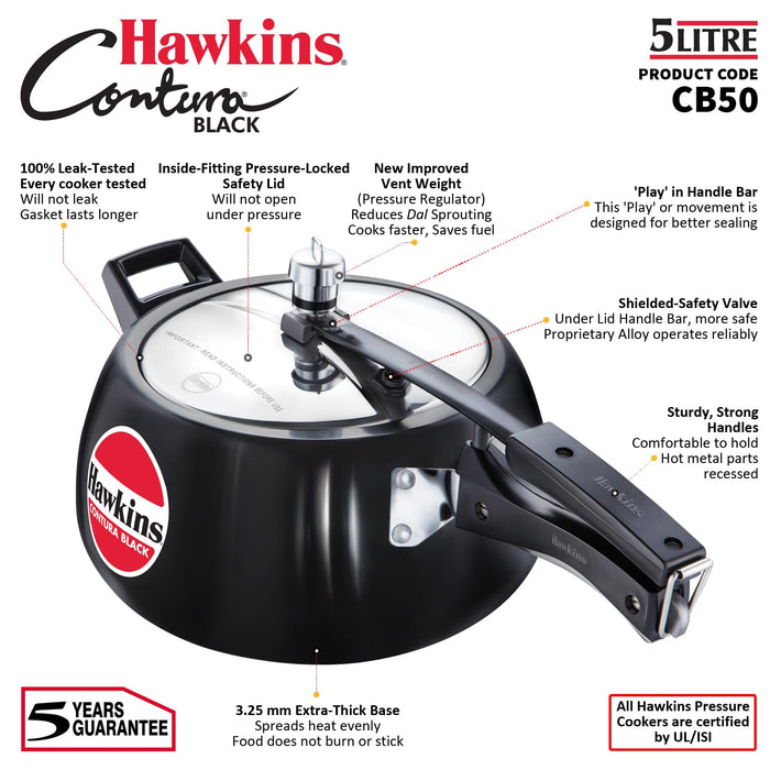 Hawkins CB50 Hard Anodised Pressure Cooker, 5-Liter,Black