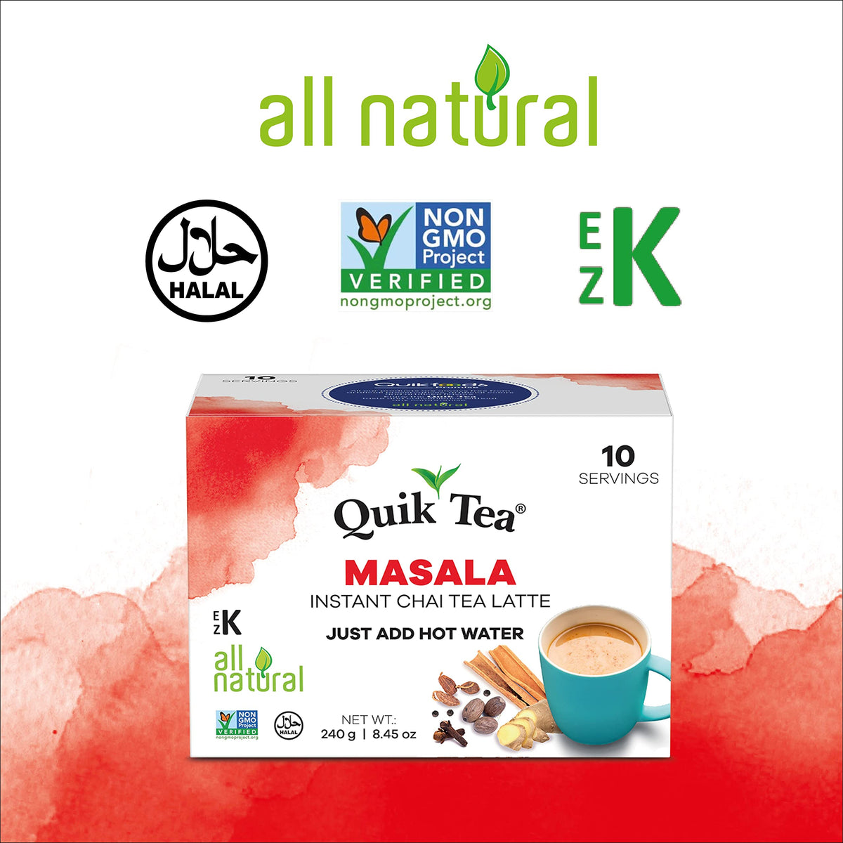 QuikTea Masala Chai Tea Latte 20 Pouches - Packaging May Vary - All Natural & Preservative Free Authentic Instant Chai