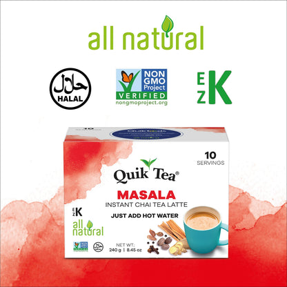 QuikTea Masala Chai Tea Latte 20 Pouches - Packaging May Vary - All Natural & Preservative Free Authentic Instant Chai