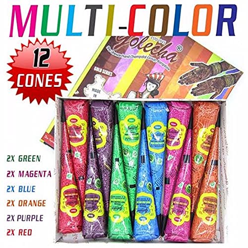 12 x Golecha Multi Color Henna Cones Temporary Tatoo Body Art Ink