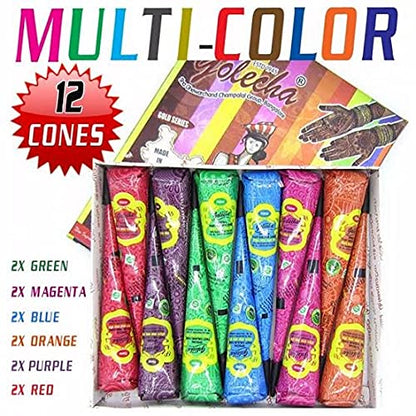 12 x Golecha Multi Color Henna Cones Temporary Tatoo Body Art Ink