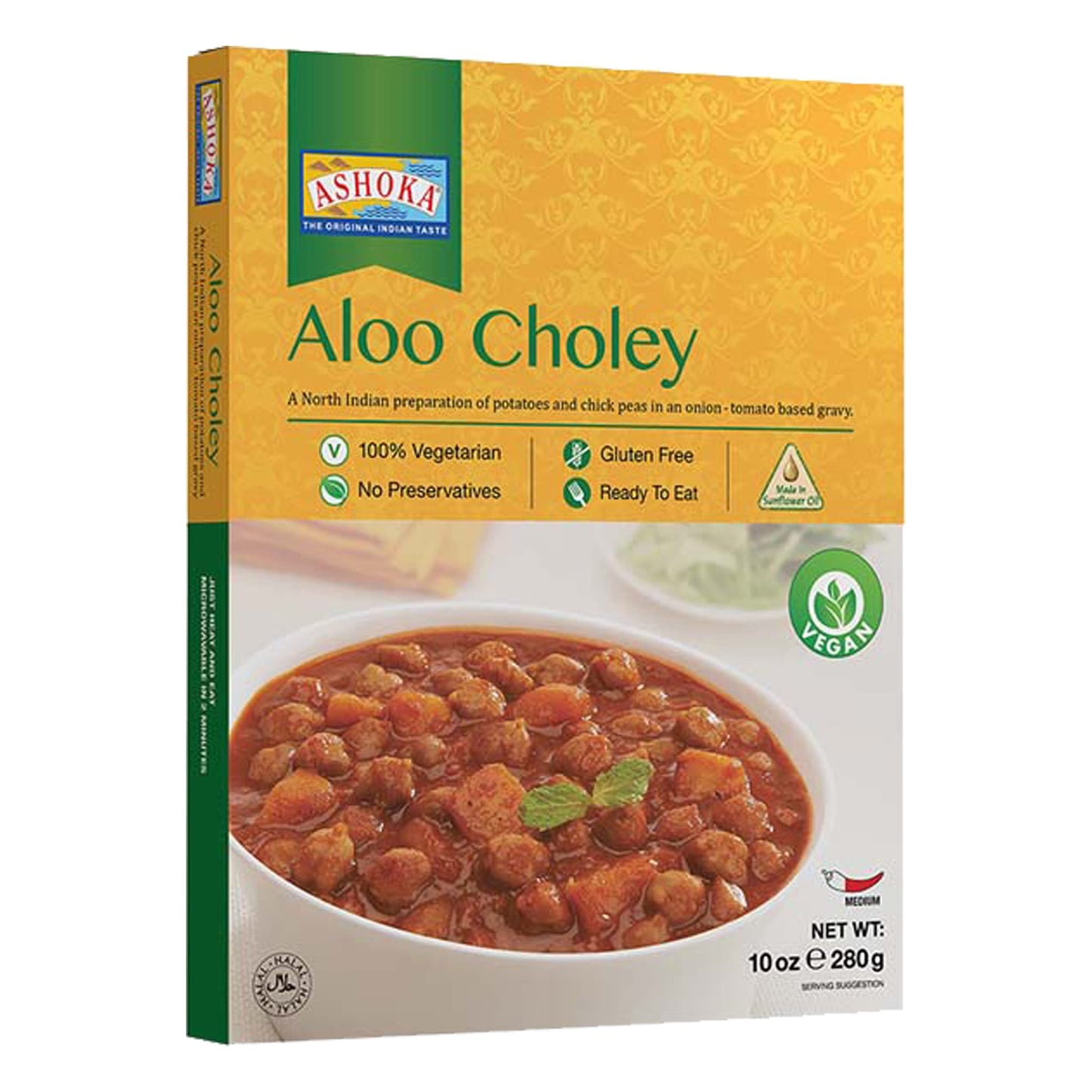 Ashoka Ready to Eat Indian Meals Since 1930, 100% Vegan Aloo Choley, All-Natural Traditionally Cooked Indian Food, Plant-Based Meals, Gluten-Free and with No Preservatives, 10 Ounce