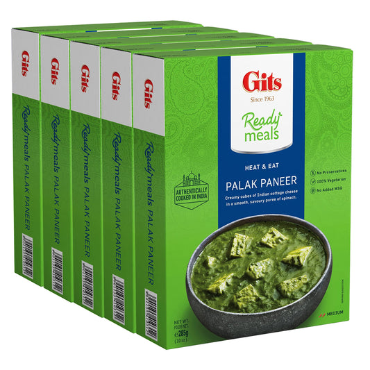 Gits Palak Paneer (Cubes of Sauted Cottage Cheese in rich spinach Gravy). Very light spicy | Microwave in 2 mins - Ready to Eat Entre | 50 Oz (Pack of 5 X 10 Oz each )