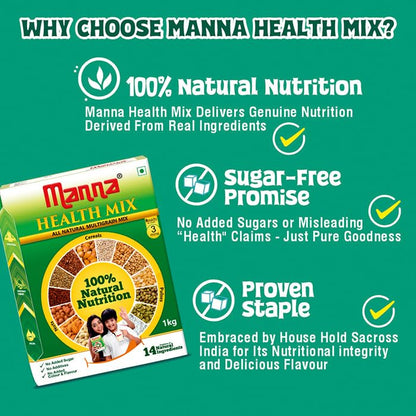 Manna Health Mix | 100% Natural Multigrain Nutrition Drink for Kids | Multi Millet Health Drink Mix Powder 1kg | 14 Natural Ingredients | Millets, Nuts, Cereals & Pulses | Sathu Maavu | Porridge Mix | Without Preservatives & Added Sugars 1Kg Pack 2.2 lb