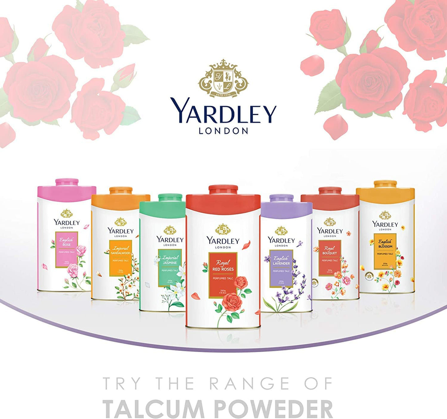 Yardley London Floral Talcum Powder, long lasting fragrance, sweat free, all day pleasant smell, 250gm x2 (English Rose, Imperial Sandalwood)