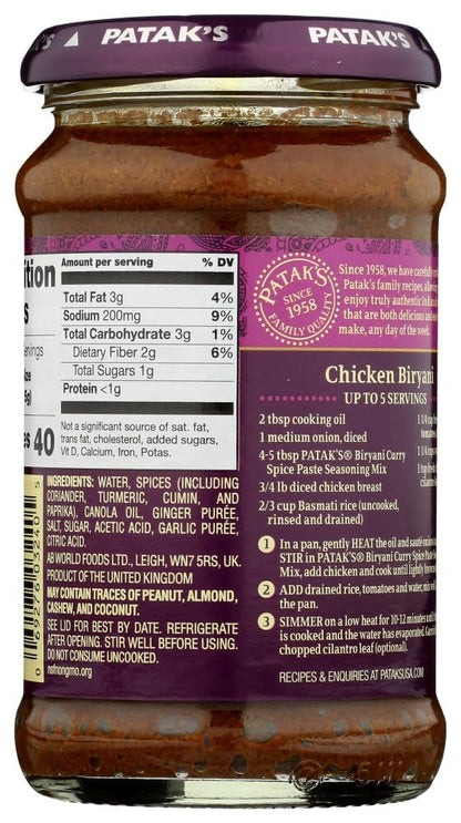 Patak's Original Biryani Curry Paste Concentrated Medium 10 oz(Pack of 2)