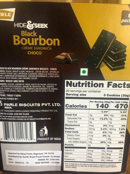 Parle Hide & Seek Black Bourbon Creme Sandwich with Chocolate Cream Filling 6-100 grams pack (600 grams / 21.16 oz)