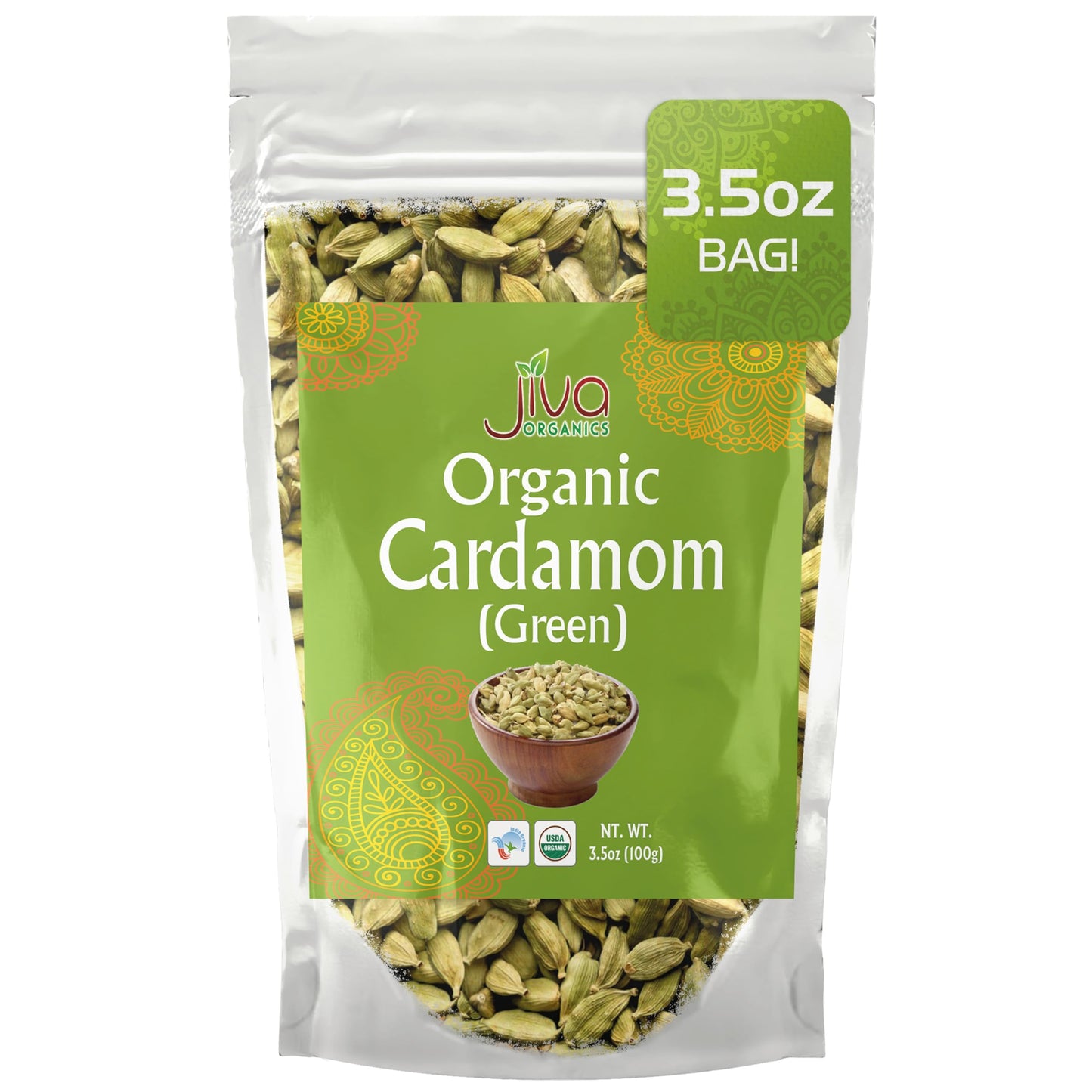 Jiva Organic Green Cardamom Pods Whole - Non-GMO, Premium Quality, Jumbo Size - 3.5 Ounce Bag