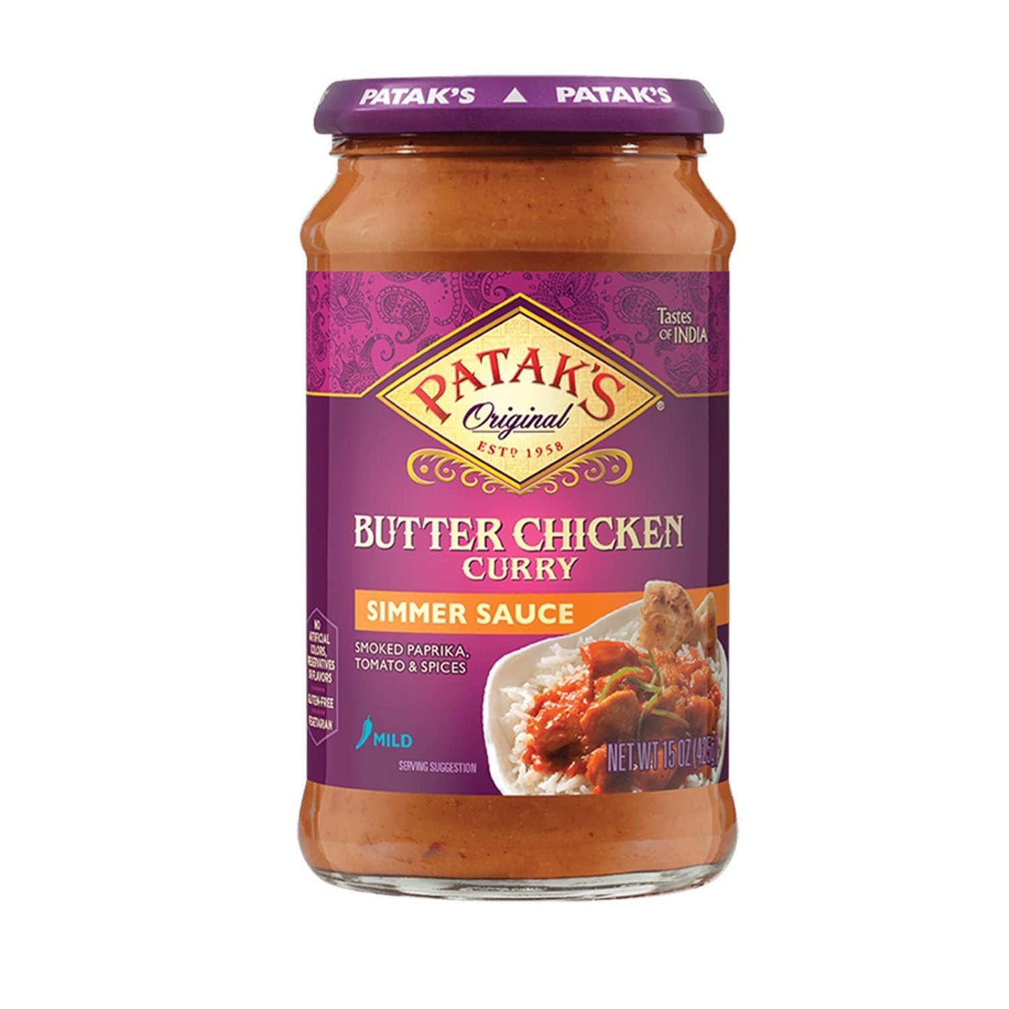 Patak's Butter Chicken Simmer Sauce - 15 Oz (Pack of 3) With Tomato, Cream and Spices, No Artificial Flavors, Gluten Free, Vegetarian Friendly