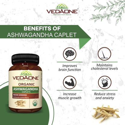 Vedaone Organic Ashwagandha Caplet - 750mg Each 60 Caplets (1 Month Supply)