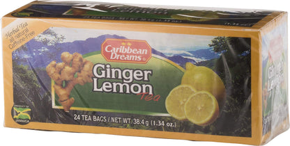 Caribbean Dreams Ginger Lemon Tea, 24 tea bags, Herbal Natural Tea, Caffeine Free, Tea Bags with Lemon & Ginger