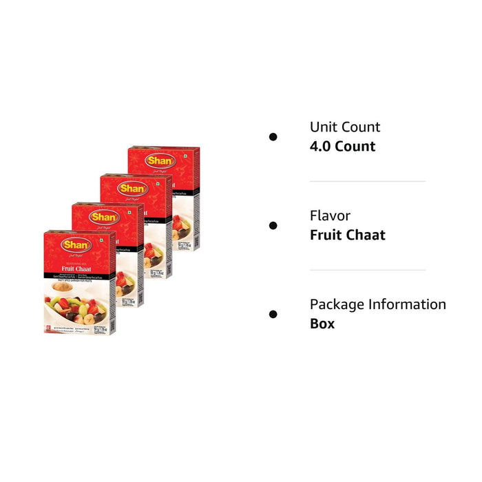 Shan Fruit Chaat Seasoning Mix 1.76 oz (50g) - Spice Powder for Tasty and Spicy Garnish for Fruits Salad - Suitable for Vegetarians - Airtight Bag in a Box (Pack of 4)