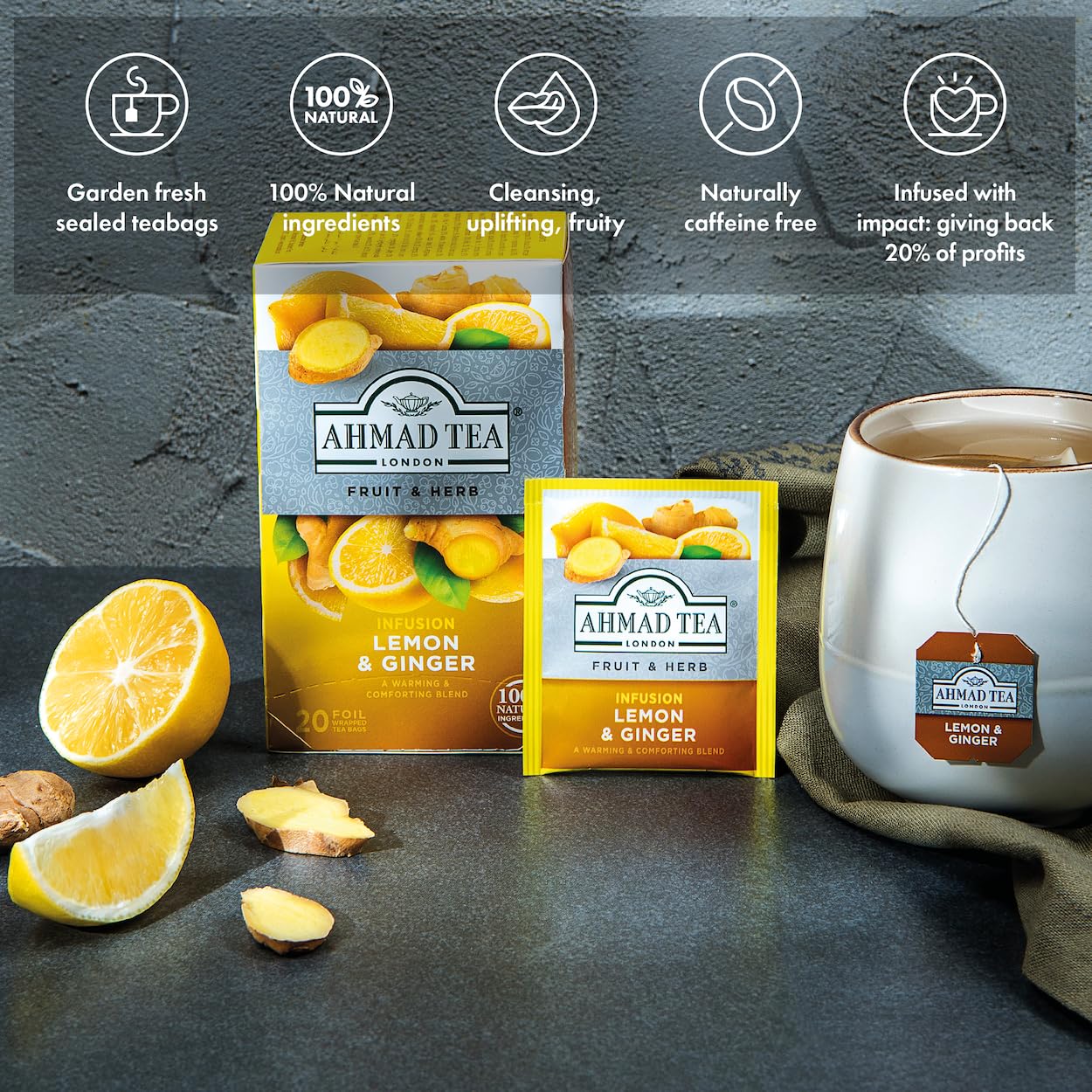 Ahmad Tea Sachet Infusion Foil-Enveloped Teabags, Lemon and Ginger, 20 Count (Pack of 6)