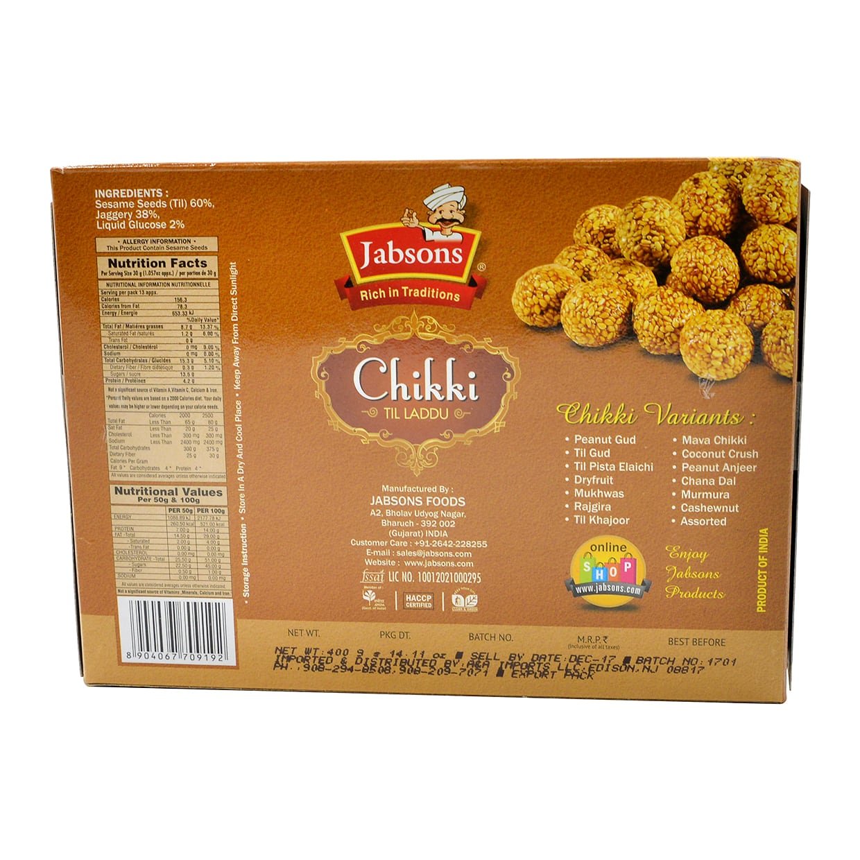 Jabsons Chikki Til Laddu 400 gms - Food / Masala / Dal