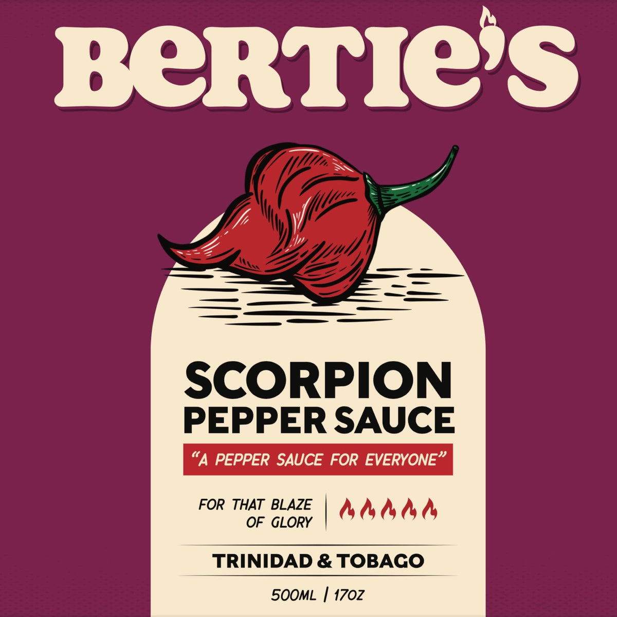 Bertie's Trinidad Scorpion Pepper Sauce (10 Oz/300ml) | Strong Flavour And Insane Heat
