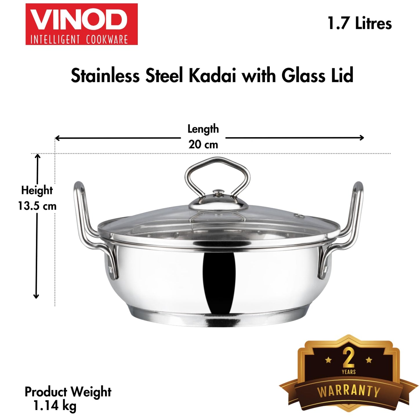 Vinod Kadai St. Steel with lid 20 cms 2 Litres - Food / Masala / Dal
