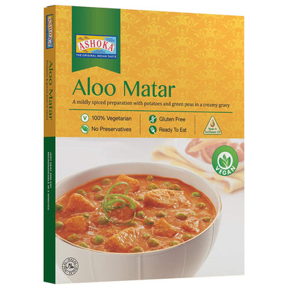 Ashoka Ready to Eat Indian Meals Since 1930, 100% Vegan Aloo Matar, All-Natural Traditionally Cooked Indian Food, Plant-Based, Gluten-Free and with No Preservatives, 10 Ounce