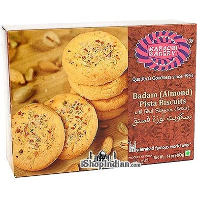 Karachi Bakery Badam (Almond) Pista Biscuits with Real Saffron (Kesar) (14 oz box)