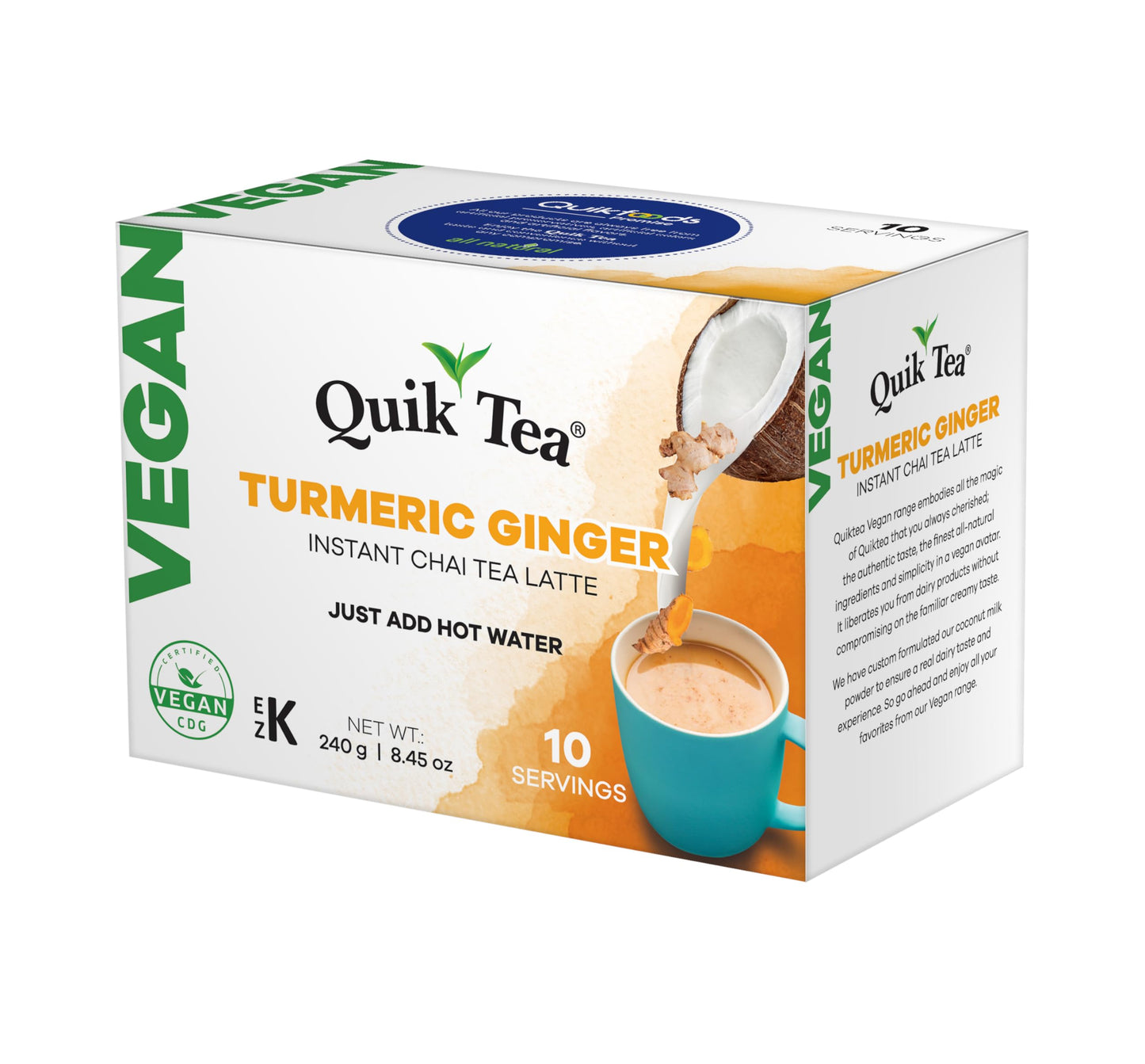 Quik Tea Vegan Turmeric Ginger Instant Chai Tea Latte - 10 Count Single Box - Convenient, Easy Ayurvedic Dairy Free Alternative
