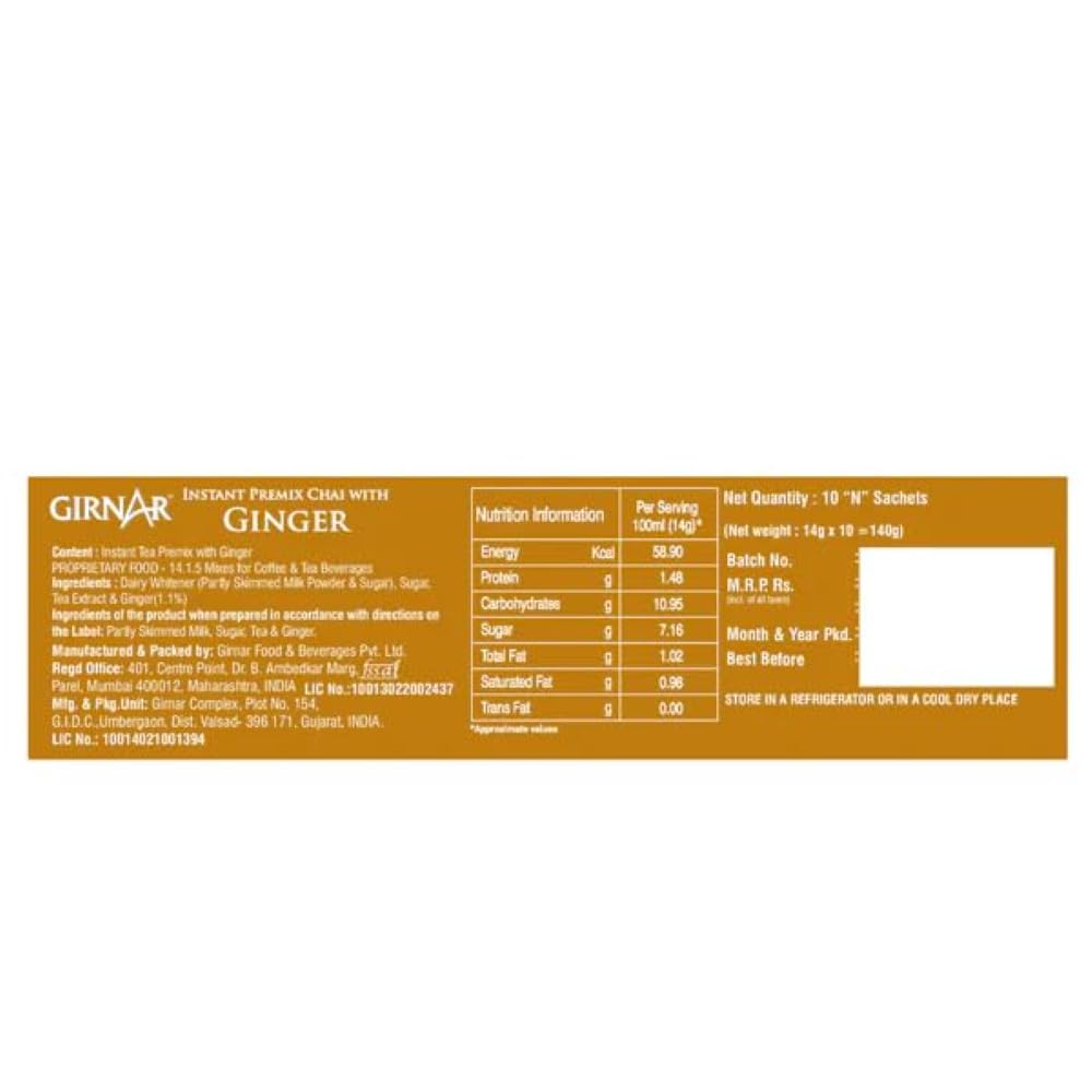 Girnar Instant Chai (Tea) Premix With Ginger 10 Sachet Pack.