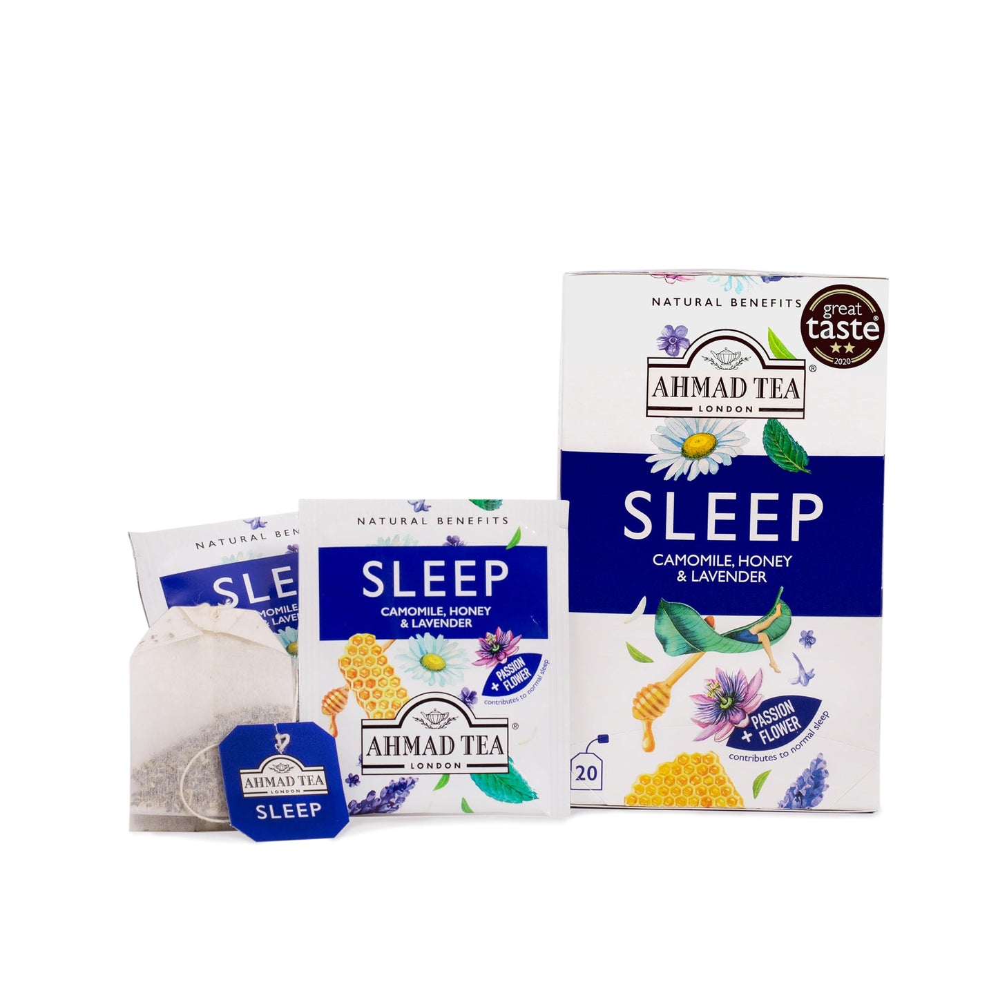 Ahmad Tea Herbal Tea, Camomile, Honey, & Lavender 'Sleep' Natural Benefits Teabags, 20 ct (Pack of 6) - Decaffeinated & Sugar-Free