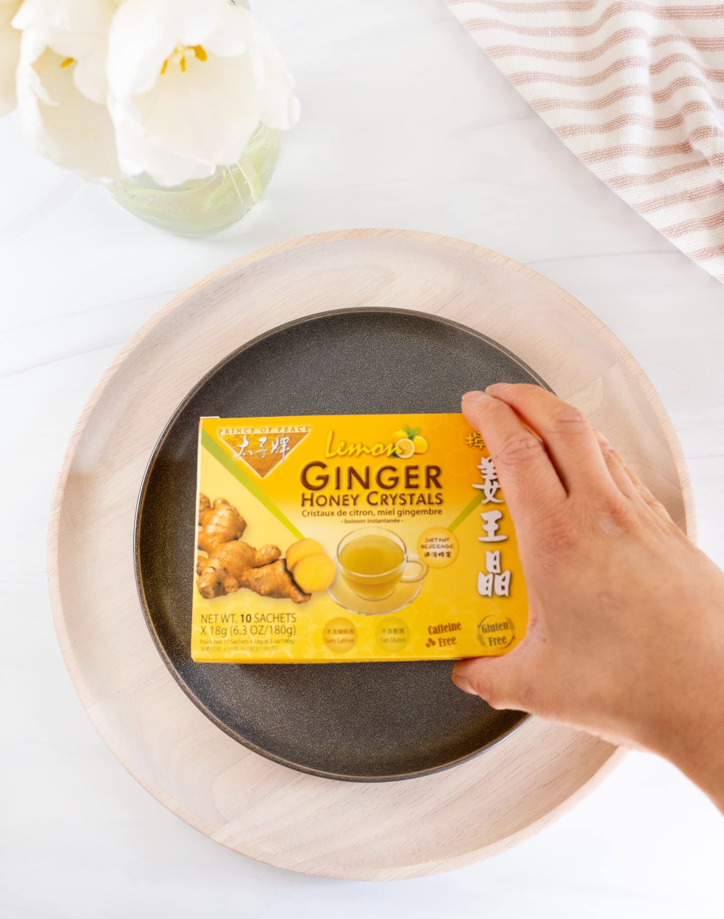Prince of Peace Instant Lemon Ginger Honey Crystals, 30 Sachets Instant Hot or Cold Beverage Easy to Brew Ginger and Honey Crystals