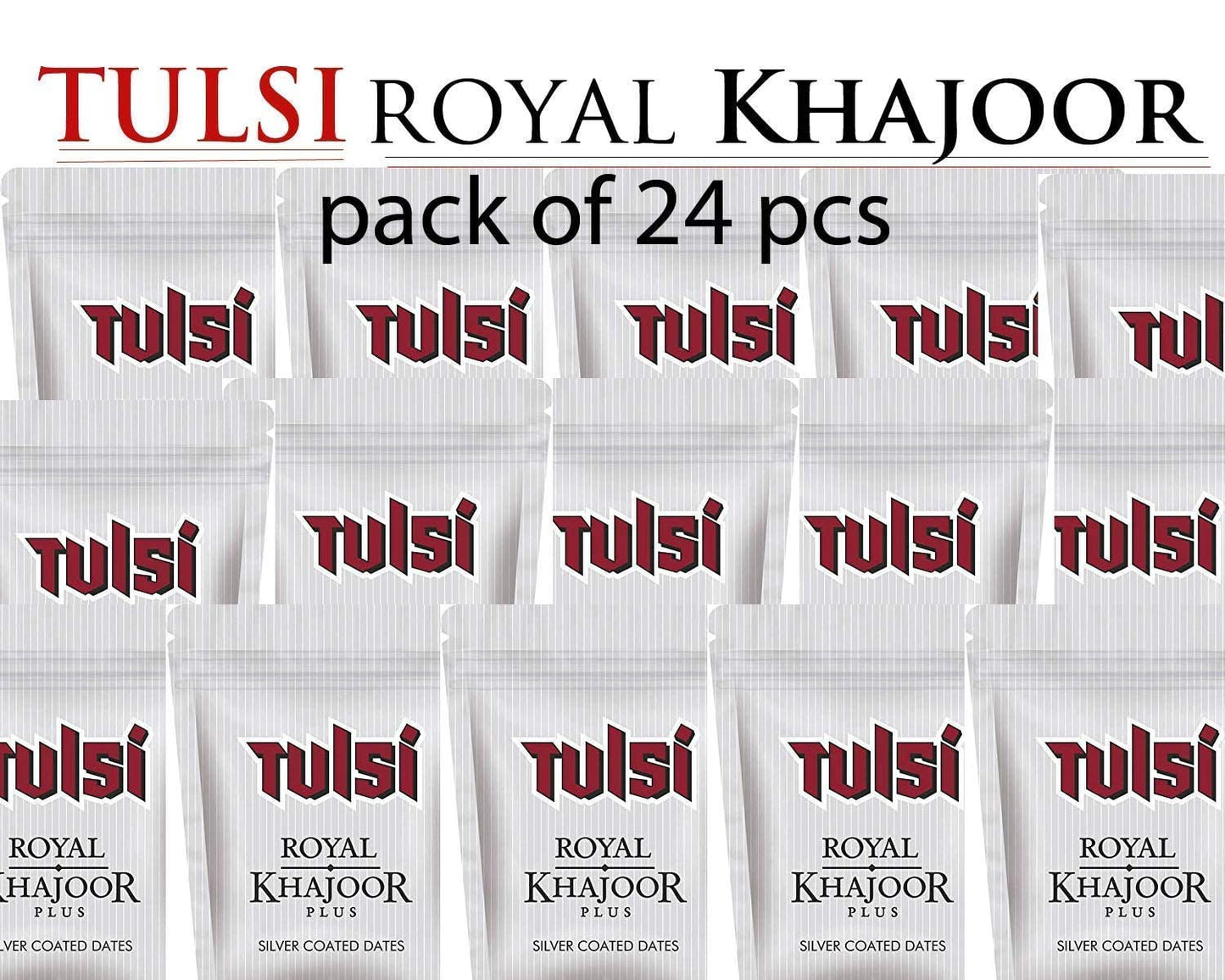 Tulsi Royal Khajoor Plus Silver Coated Dates | Pack of 24 Sachet.