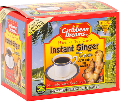 Caribbean Dreams Instant Ginger Tea, 100% Natural from Jamaica, Strong Taste and Aroma, 10 Sachets