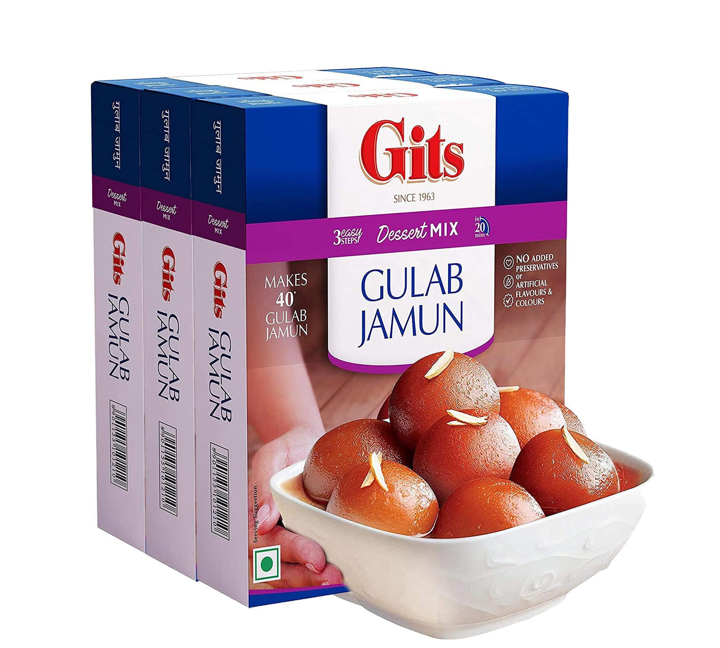 Gits Instant Mix Box - 600gm (Pack of 3 x 200gm) | Ready to Cook Indian Breakfast/Lunch/Dinner/Snack Meal | No Artificial Colors, Flavors, Preservatives, 100% Vegetarian, Easy Recipe (Gulab Jamun)