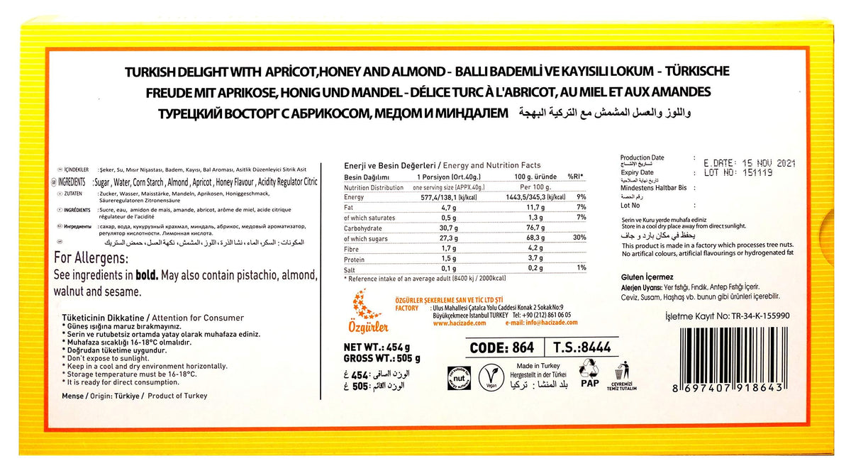 Hacizade Turkish Delight With Apricot, Honey, and Almond, 454g, 1 pound (16 ounce)