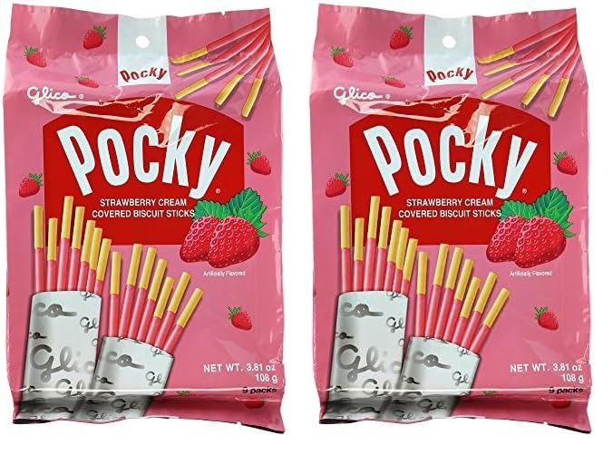 Glico Pocky, Strawberry Cream Covered Biscuit Sticks (9 Individual Bags), 3.81 oz (Pack of 2)