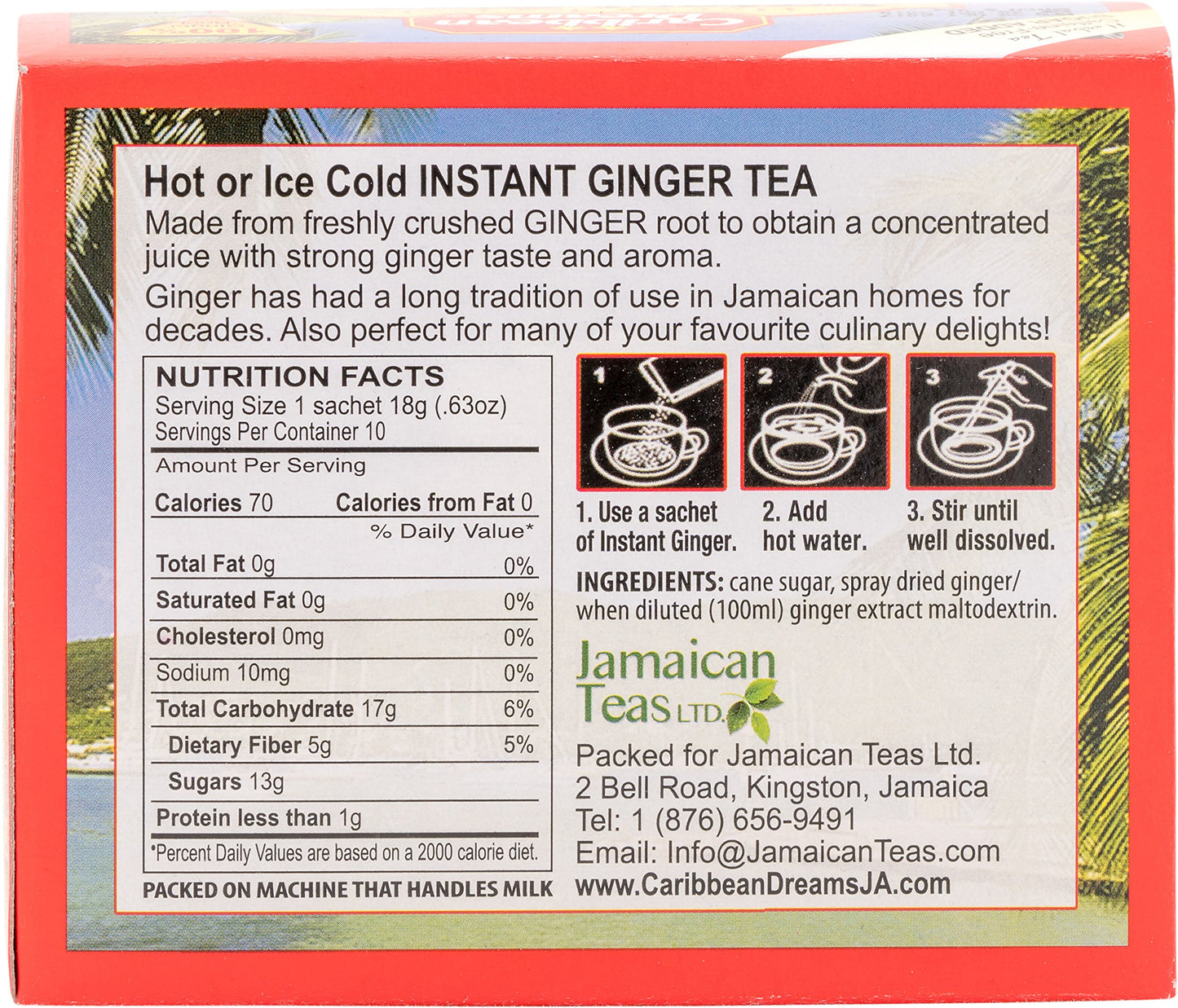 Caribbean Dreams Instant Ginger Tea, 100% Natural from Jamaica, Strong Taste and Aroma, 10 Sachets