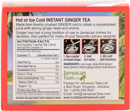 Caribbean Dreams Instant Ginger Tea, 100% Natural from Jamaica, Strong Taste and Aroma, 10 Sachets