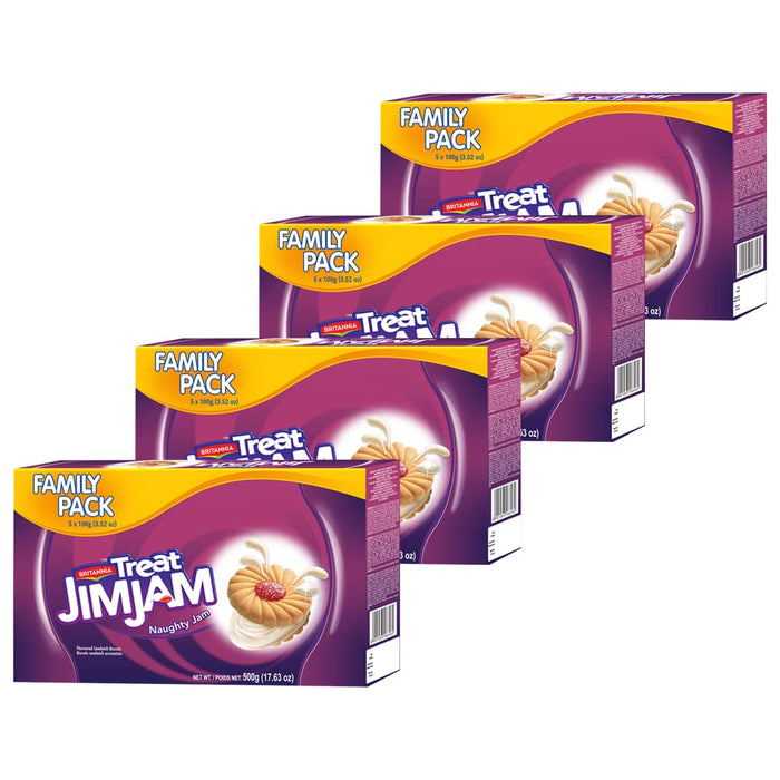 Britannia Treat Naughty Jim Jam Sandwich Biscuits 17.62oz (500g) - Breakfast & Tea Time Snacks - Delicious Grocery Cookies - Suitable for Vegetarians (Pack of 4)