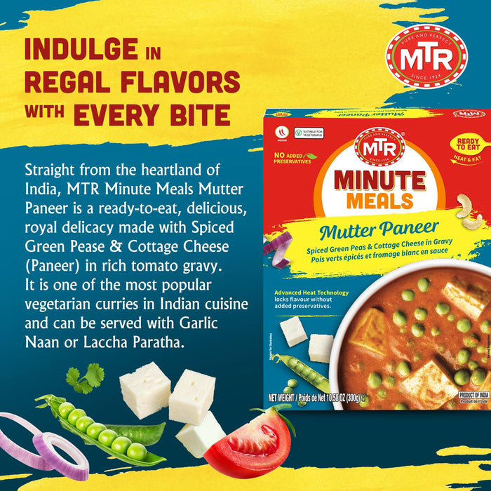 MTR Ready to Eat Mutter Paneer Masala | Spiced Green Peas and Cottage Cheese in Gravy | Pack of 6 (10.58 Oz Each) | Authentic Indian Food | Medium Spicy | Just Heat and Eat | No Preparation | No additives | Gluten Free