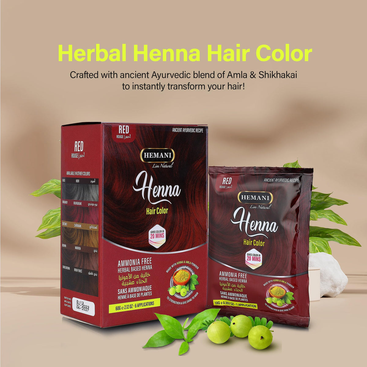 HEMANI Hair Henna Color 2.12 OZ (60g) 6 Applications, Colors in 20 Minutes - Ammonia Free - Herbal Based Henna (Red)