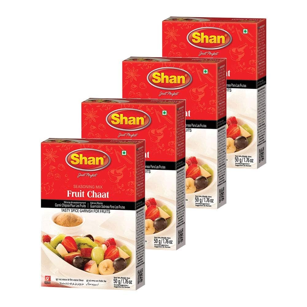 Shan Fruit Chaat Seasoning Mix 1.76 oz (50g) - Spice Powder for Tasty and Spicy Garnish for Fruits Salad - Suitable for Vegetarians - Airtight Bag in a Box (Pack of 4)