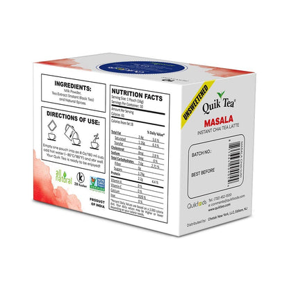 QuikTea Unsweetened Masala Chai Tea Latte - 20 Count (2 Boxes of 10 Each) - Packaging May Vary - All Natural Preservative Free Authentic Chai from Assam & Darjeeling