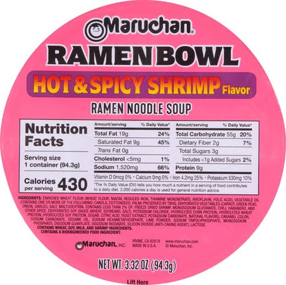 Maruchan Bowl Hot & Spicy with Shrimp Flavor Ramen Noodles with Vegetables 3.32 OZ (Pack of 12)