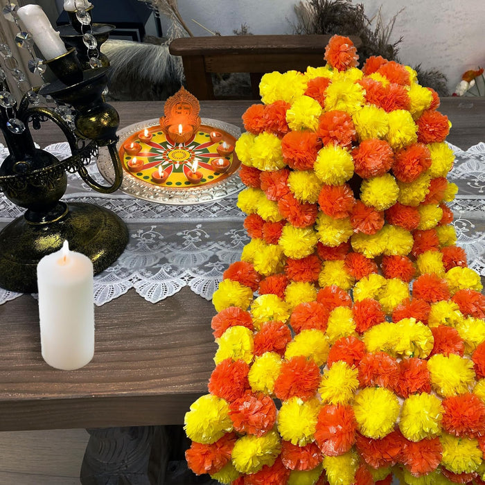 Marigold Flower 5pcs Garlands with 150Pcs Flowers, Marigold Artificial Flowers for Diwali Home DIY Wreath Garland Day of The Dead Dia De Los Muertos Decor Indian Wedding Party Decoration Halloween