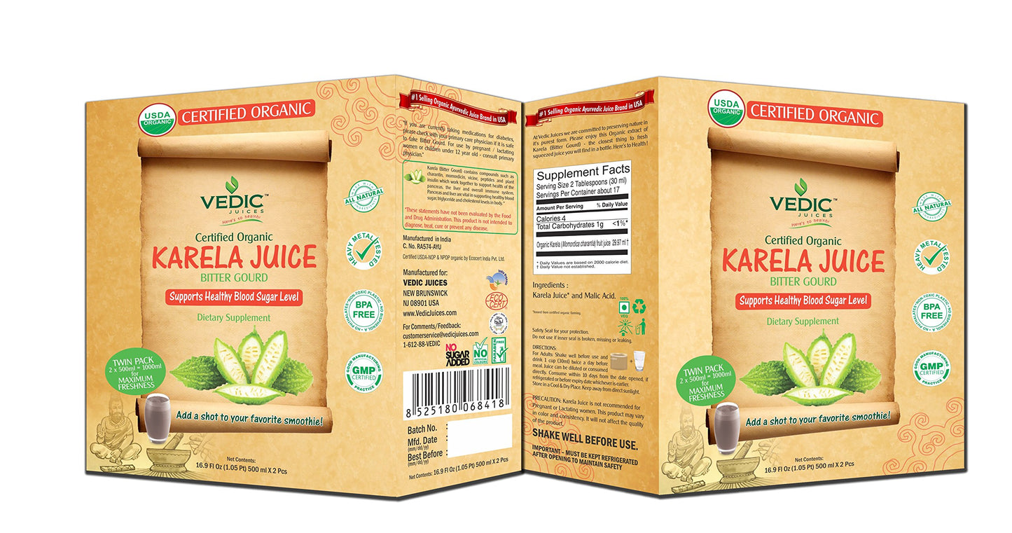 Vedic Organic Karela Juice | Supports Healthy Blood Sugar Level (Bitter Gourd/Bitter Melon) 500ml x 2