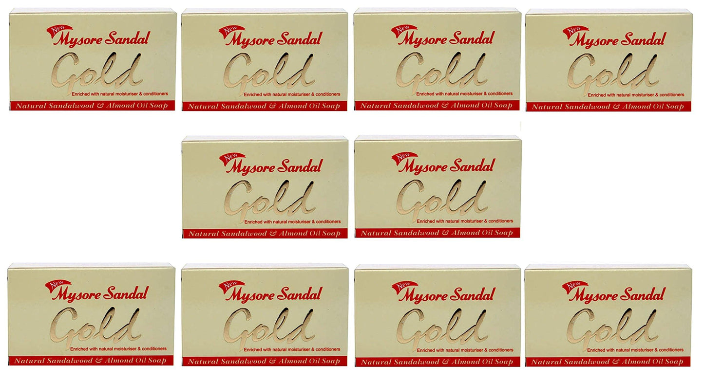 Mysore Sandal Gold Soap, 125 Grams Per Unit (Pack of 10) - Grade 1 Soap - TFM 80% - Zero Dryness