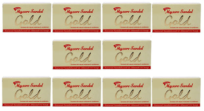 Mysore Sandal Gold Soap, 125 Grams Per Unit (Pack of 10) - Grade 1 Soap - TFM 80% - Zero Dryness