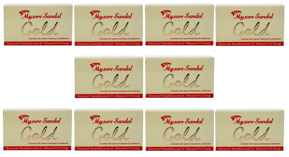 Mysore Sandal Gold Soap, 125 Grams Per Unit (Pack of 10) - Grade 1 Soap - TFM 80% - Zero Dryness