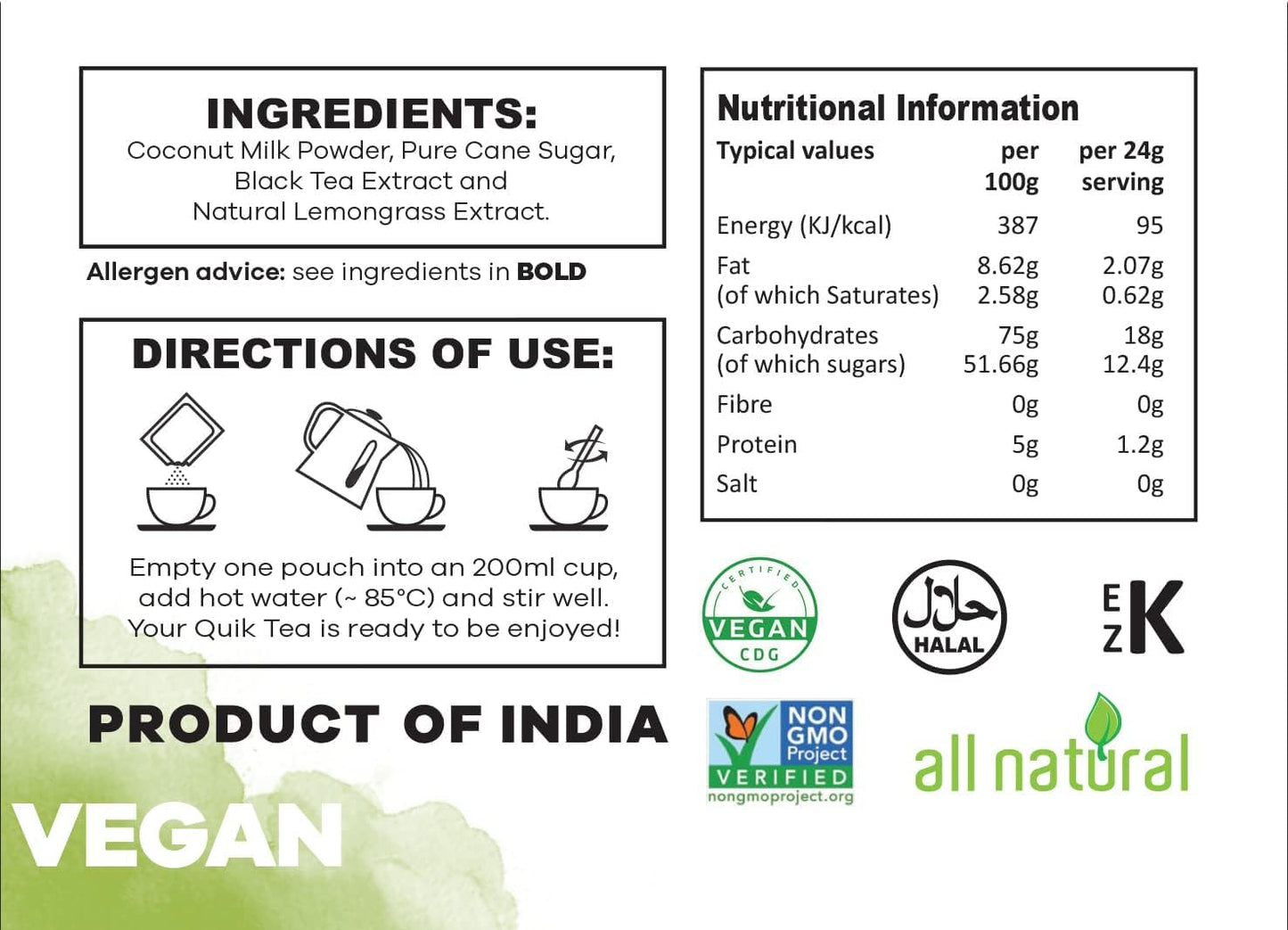 QuikTea Vegan Lemongrass Instant Chai Tea Latte - 10 Count Single Box - Easy Ayurvedic Dairy Free Alternative - All Natural Non GMO Superfood