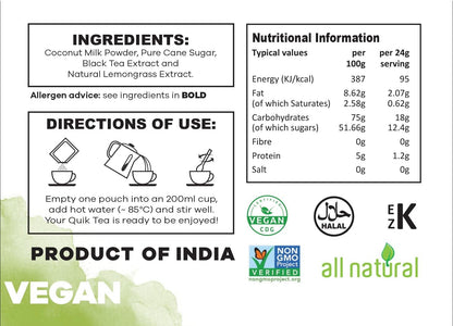 QuikTea Vegan Lemongrass Instant Chai Tea Latte - 10 Count Single Box - Easy Ayurvedic Dairy Free Alternative - All Natural Non GMO Superfood